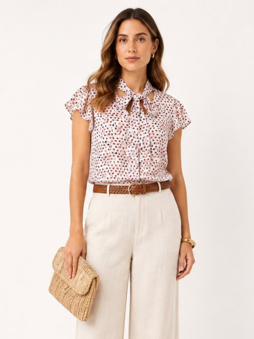 Adrianna Papell Pink Multi Dot Tie Neck Blouse
